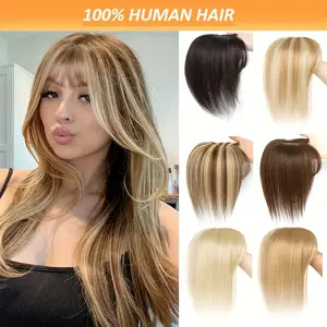 Fashion Real Human Hair Topper Hair Extensions with Bangs - Golden Brown & Bleach Blonde Straight Hair Base Clip-In Hairpiece for Women, Natural Look & Versatile Styling, Hair Styling, Versatile Hairpiece, Secure Clip Attachment