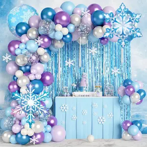 167-Piece Balloon Arch Wreath Set, Birthday Party Decorations with Tassel Curtains Blue-Purple Snowflake Balloons, Create a Winter Wonderland Princess Theme Decor for Girls