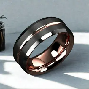 Tungsten Ring, Men’s Black Stainless Steel Wedding Ring with Purple Geometric Detail, Fantasy Style Engagement Band, Daily Wear, Birthday Gift, Mother's Day, Christmas, father's Day, Valentine