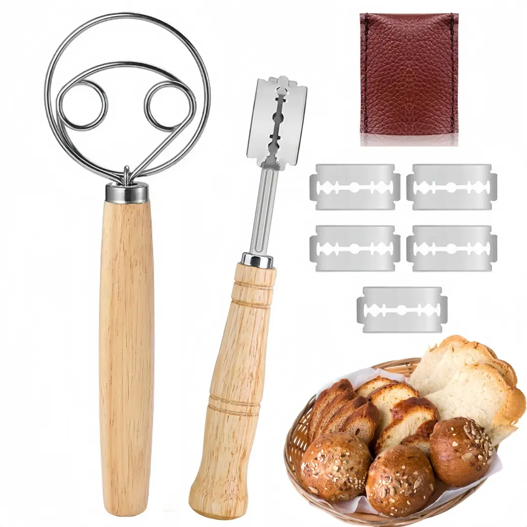 Danish Dough Whisk with Sourdough Scoring Tool, Bread Making Tools and Baking Supplies - Dough Hook Dutch Whisk, Bread Lame