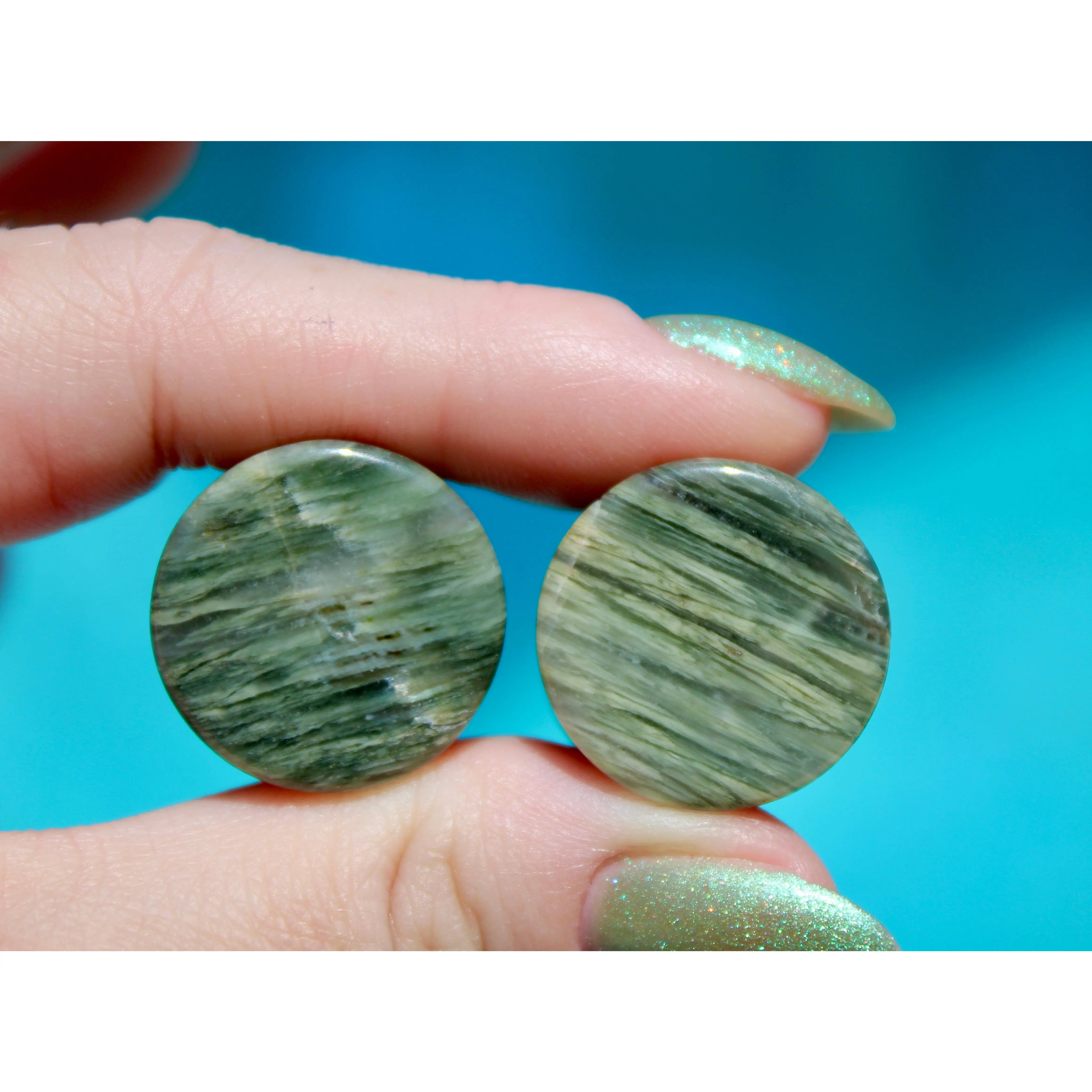 Nurturing Double Flare Green Jasper Plugs, Polished Genuine Natural Crystal Earrings for Stretched Ears, 1-2mm Flare, Variations with Veining, Adult Jewelry, Sold as a Pair