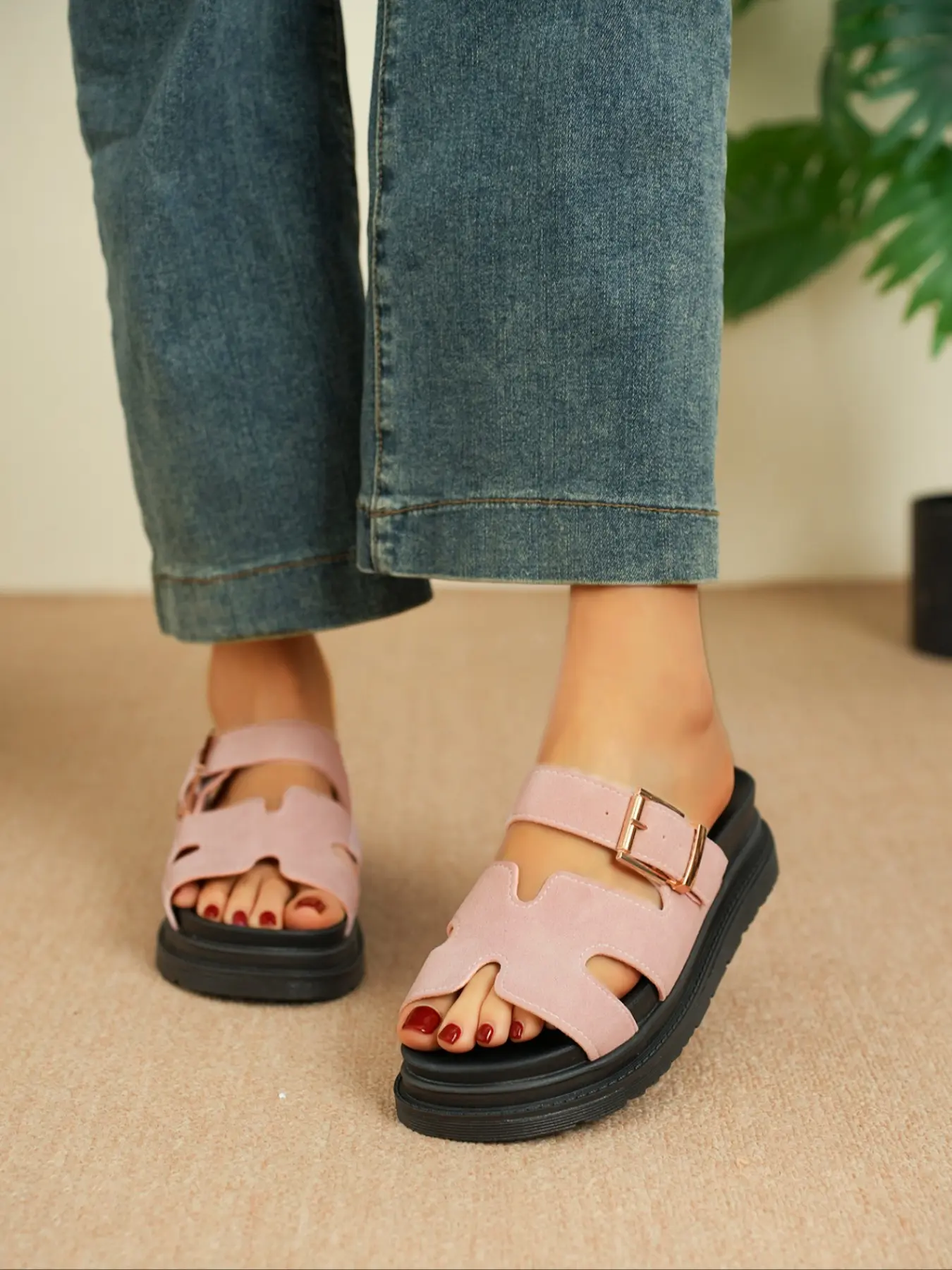 Women's Fashionable Solid Color Double Band Slides, Casual Comfortable Non-slip Beach Slides, All-match Commuter Shoes for Work & Daily Wear, Girl, Slide Sandal