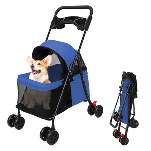 4-Wheel Pet Stroller with Metal Frame, Easy-Folding Puppy Jogger Cage, Sun Cover, Pad, Rear Storage Bag, Breathable Visible Mesh for Small/Medium Pets Up to 22 lbs,summervibes