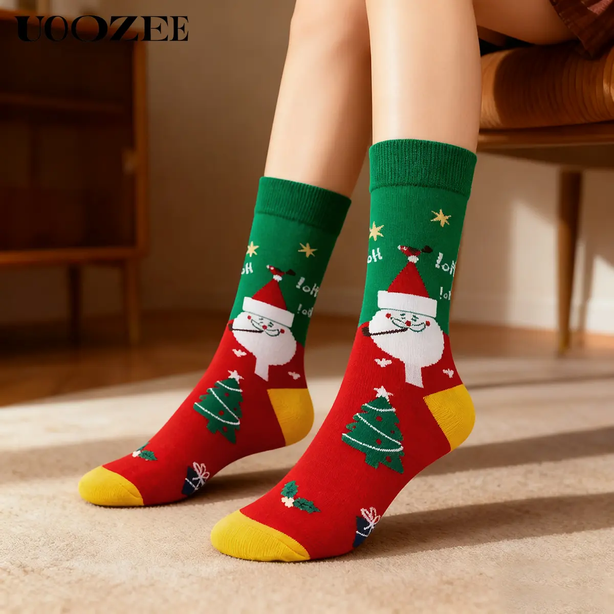 UOOZEE Women's Santa Claus Mid-Calf Elastic Socks, Cozy Color-Block Cotton-Spandex, Foldable for Holiday Parties, Thanksgiving, Easter Daily Wear