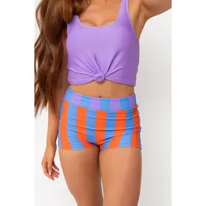 Sunset Bottoms | Blue Orange Stripe Boy Short Mid Rise Fully Lined Swim Bottoms for Women