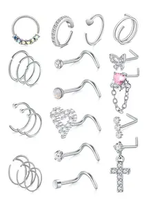 Rhinestone Decorated Nose Ring, Cute Heart & Cross Design Nose Ring, Fashionable Body Jewelry for Women & Men, Trendy All-match & Exquisite Jewelry for Birthday Gift