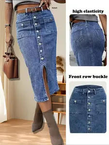 Women's Denim Button Fly Skirt without Belt, Casual Fashion Fitted Midi Skirt for Daily Wear, Ladies Bottoms for Summer