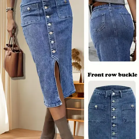 Women's Denim Button Fly Elastic Slim Fitting Skirt without Belt, Casual Basic Fashion Fitted Midi Skirt for Daily Wear, Ladies Bottoms for Summer Womenswear
