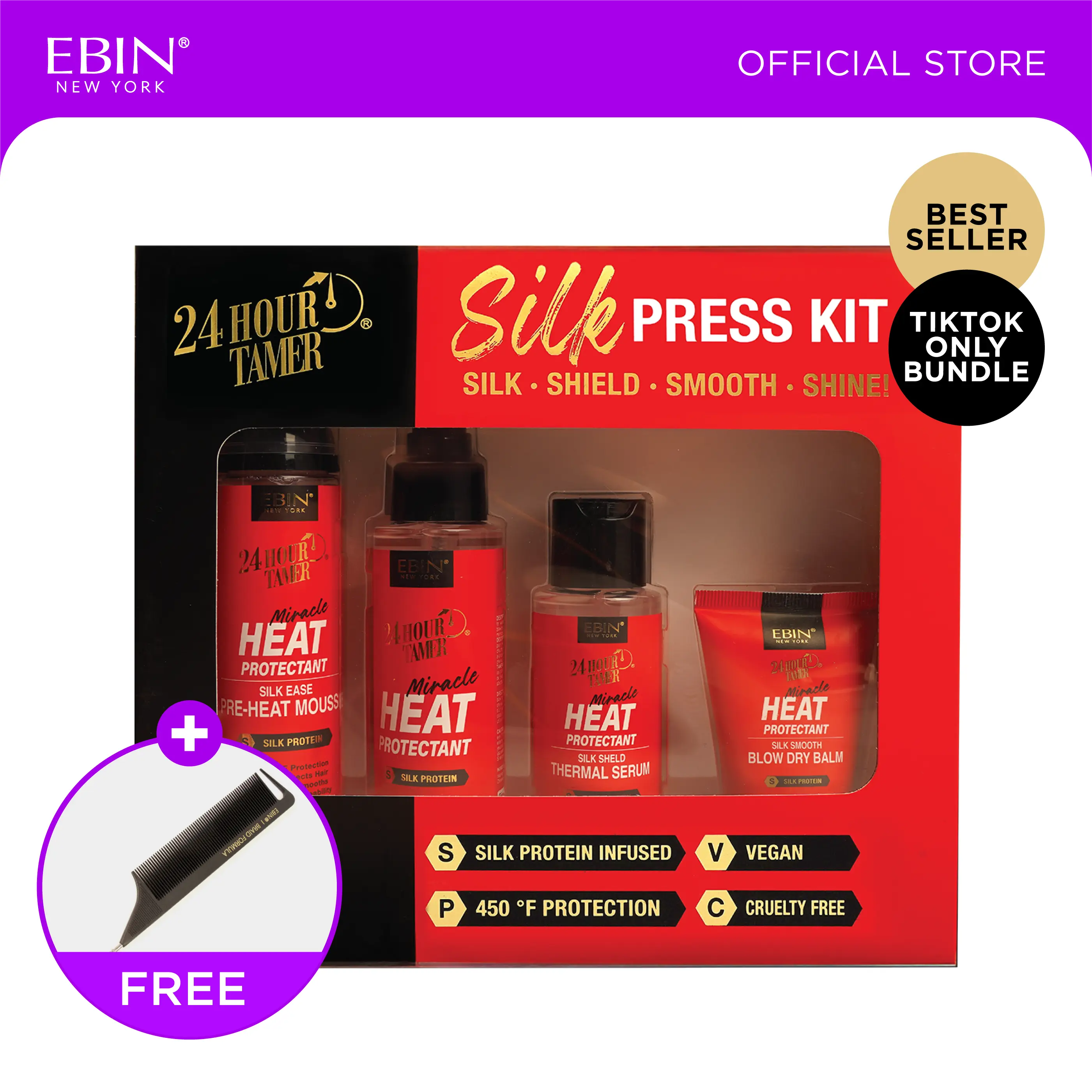 EBIN 24 Hour Tamer Heat Protectant Silk Press Kit with FREE Edge Brush | Silk press, Shield, Smooth, Shine EBIN 24 Hour Tamer Heat Protectant Silk Press Kit with FREE Edge Brush | Silk press, Shield, Smooth, Shine