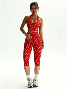 Women's Retro Polka Dot Sporty Set, High Waist Seven-Quarter Pants, Classic Halter Neck Design, Perfect for Yoga, Gym, Daily Wear