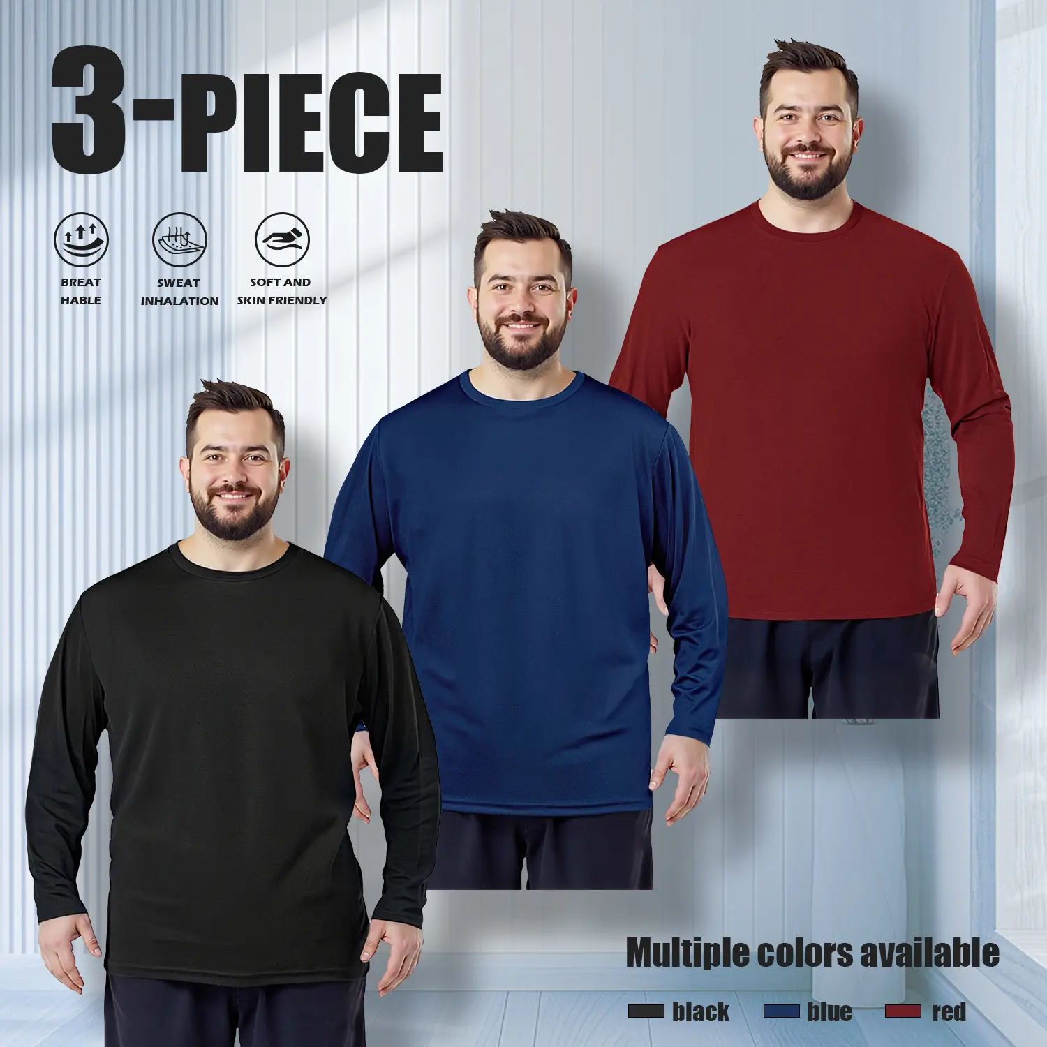 Men's oversized three-piece long-sleeved shirt, letter pattern round neck casual T-shirt top  Suitable for home, dating and outdoor activities