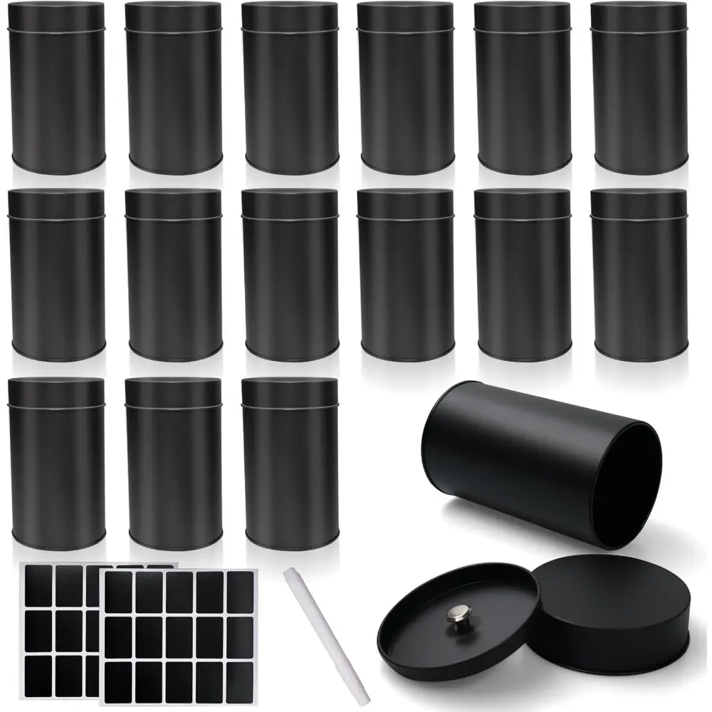 15 Pack 16oz Metal Tea Tins Black Tea Round Tin Can Container with Airtight Double Lids for Loose Leaf Tea Storage in Kitchen, Sugar, Spices Bottles Canister Organiser