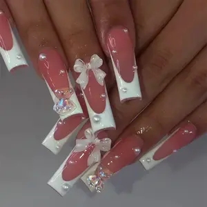 Long White Teddy Bear/Bow French Tip Design- Luxury Nail Set