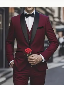 Men'S 3pcs Suit Set, Large Suit, Suit Pants, Formal Tie, Wedding Dress, Vest, Work Uniform, Holiday Gift, Business, Halloween, Casual Style, Solid Color, Long Sleeve, Lapel Collar, Non-Stretch Fabric, Faux Buttons, All-Season Wear