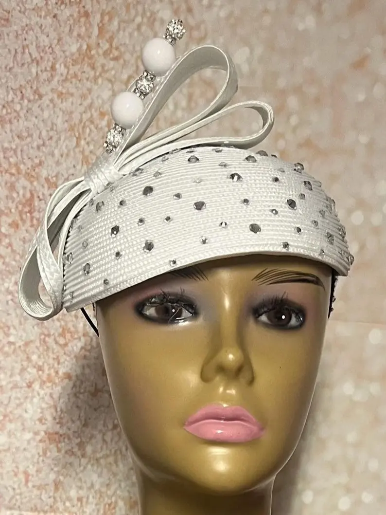 Bling White Rhinestone Studded Full Hat for Women - Church, Wedding, Derby Hat, Tea Parties & Special Occasions