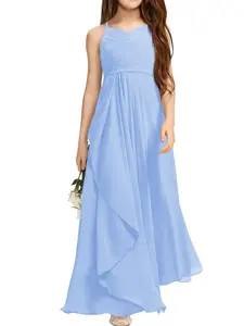 Girls A-Line Halter Dress Junior Bridesmaid Flower Girl Flowy Chiffon Maxi Dresses Wedding Party Pageant Gown