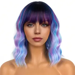 14-inch Blue-Purple Color-Block Charming Bangs Wig - Short, Curly, Heat-Resistant - Perfect for Cosplay and Parties - Durable Seamless Edge Synthetic Fibers