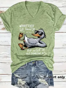 Women's Duck Print V Neck Tee, Casual Fashion T-shirt for Daily Wear, Ladies Clothes for Spring & Summer, Top, Womenswear