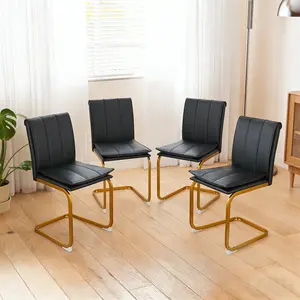 Set of 4 Modern Gold Metal Leg Dining Chairs , PU Leather Kitchen Chairs for Living Room Home Office, Black+Gold.