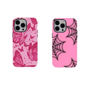 Hot Pink Butterfly & Gothic Spider Phone Case,Durable 2-piece design tough phone casing for iPhone 17 16 15 14 13 12 11 8 7 for Samsung Series,Y2K Soft Girl Aesthetic Shockproof Protective Cover,perfect gift for her