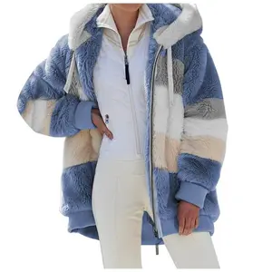 New Autumn Winter Warm stuffed Patchwork Zipper Pocket Hooded loose Coat Women Casual Plus Size