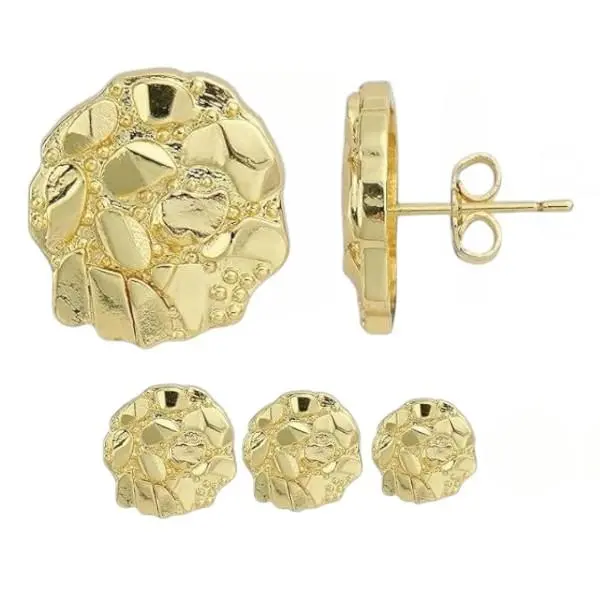 14k G-Plated Nugget Round Textured Cookie Minimalist Push Back Stud Earrings for Men/Women Unisex - 10mm/12mm/14mm Ear Studs