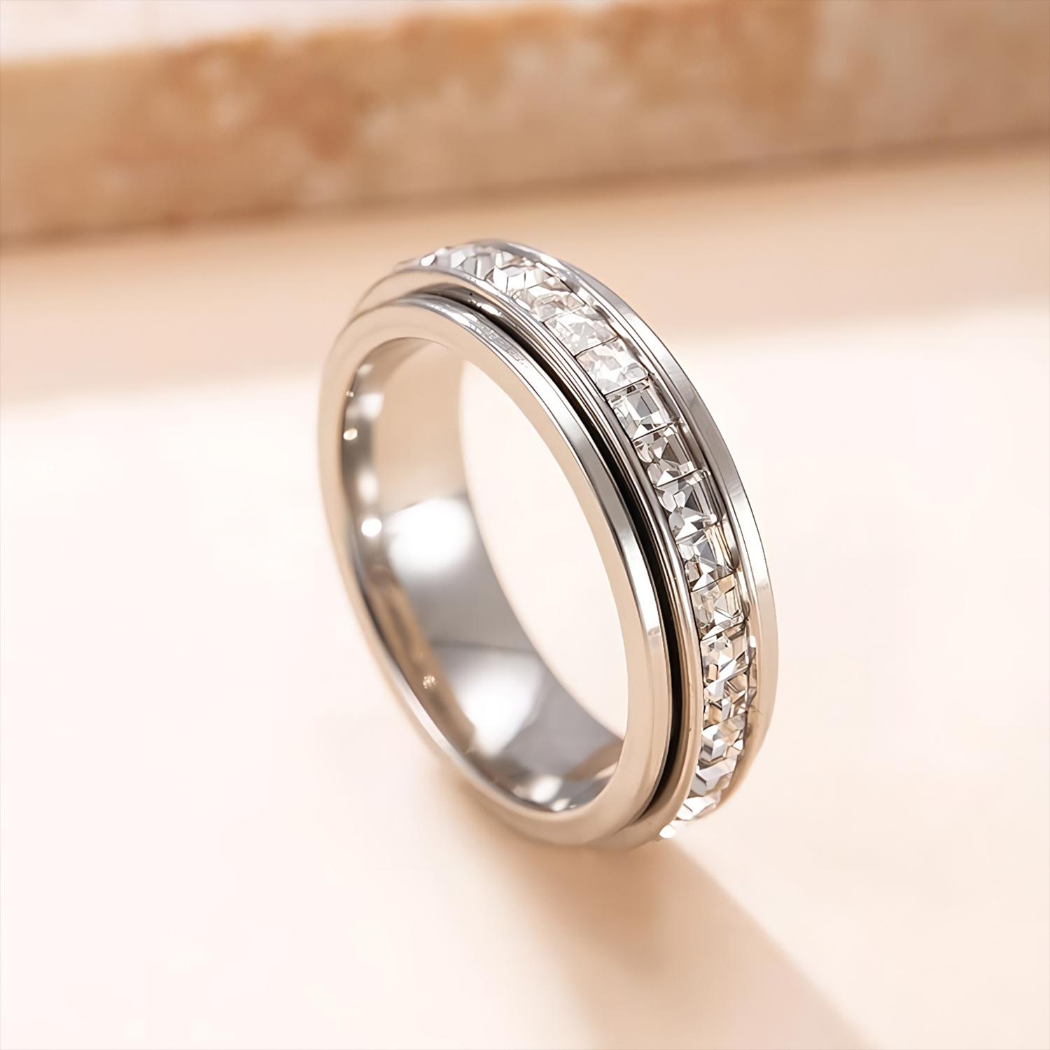 Anxiety Rings for Women and Men Titanium Steel Spinner Fidget Band Rings with Cubic Zirconia for Stress Relief and Wedding Promise Comfort Fit Size 5 to 12