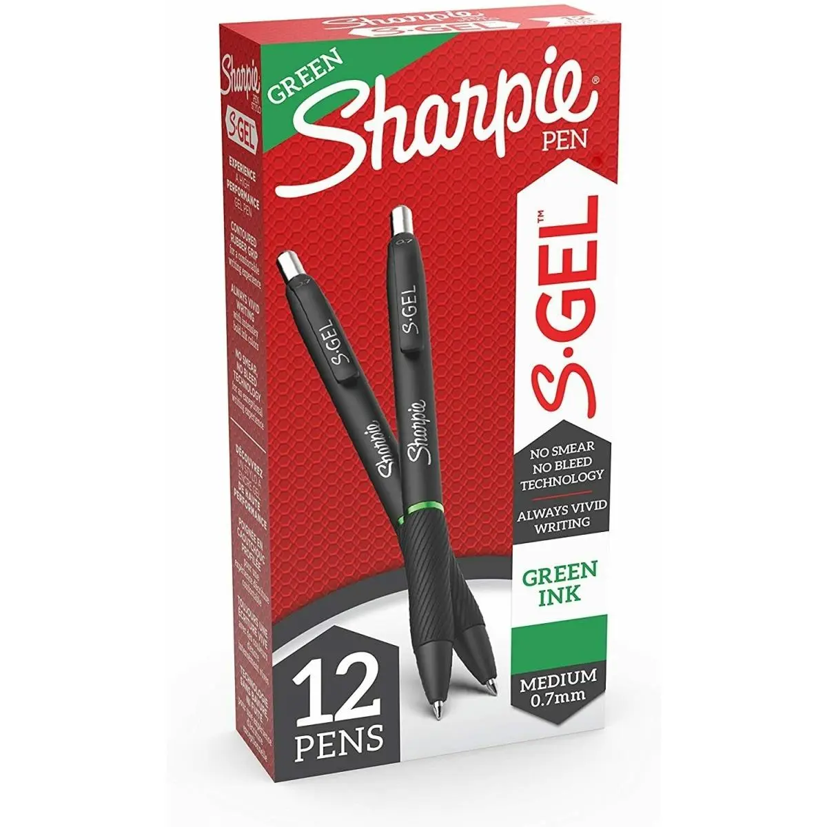 Sharpie S-Gel Gel Pen Set - 0.7 mm Retractable Office Stationery, Modern, Green Ink, Comfortable Contoured Rubber Grip, Bold Always Vivid Writing Lines, Pack of 12