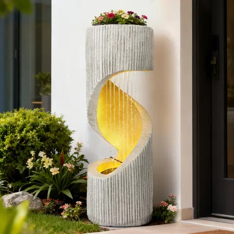 SOLVYA Modern Spiral Column Waterfall Fountain with LED for Garden Patio Decor