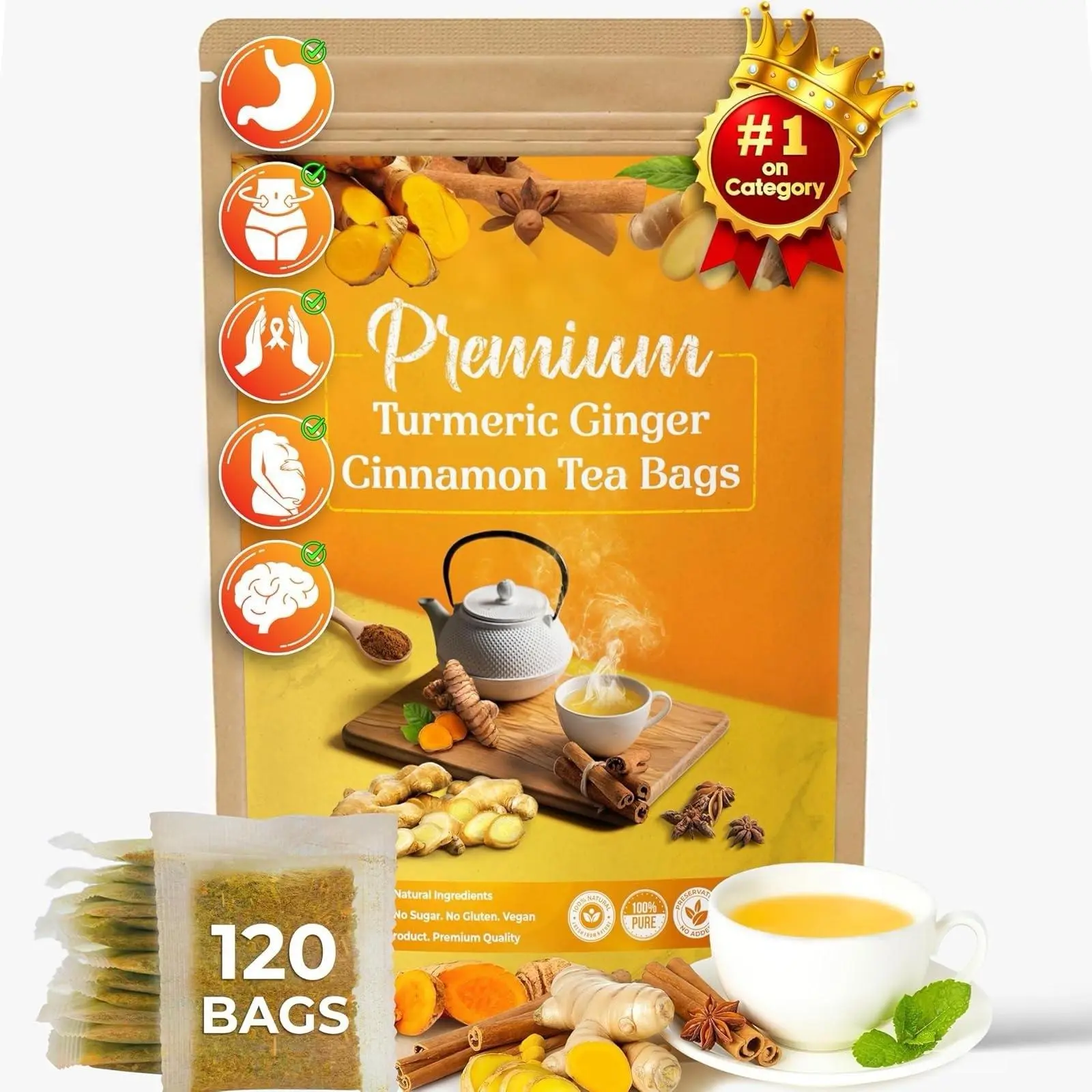 120 Bags Premium Turmeric Ginger Cinnamon Tea, Improve Digestion, Support Brain, Weight, Skin and Sleep, Eco-Conscious Tea Bags and Premium Natural Ingredients. Turmeric Ginger Herbal Tea. No Sugar, No Caffeine, No Gluten, Vegan