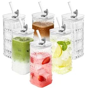 4/6/8 Pack 13oz Glass Cups with Lids and Straws, Iced Coffee Cups Vintage Ribbed Glassware for Beer Ice Coffee Fruit Juice Elegant Aesthetic Cup Glass Iced Coffee Tumbler