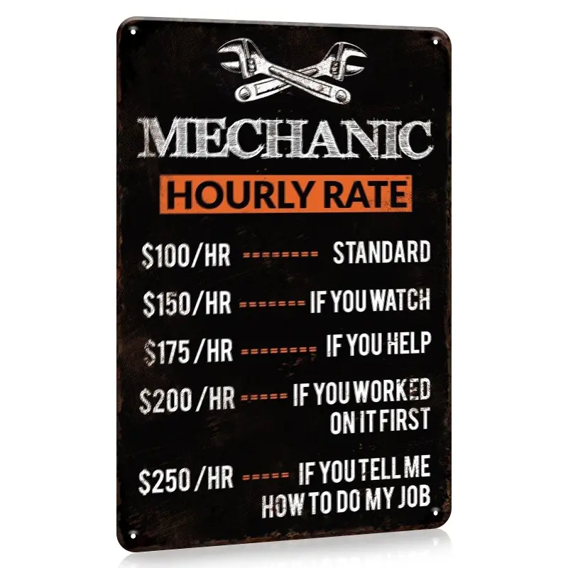 Vintage Mechanic Hourly Rate Reproduction Rusty Metal Sign, 8x12in Wall Art Plaque, Home Decor for Garage Shop, Man Cave