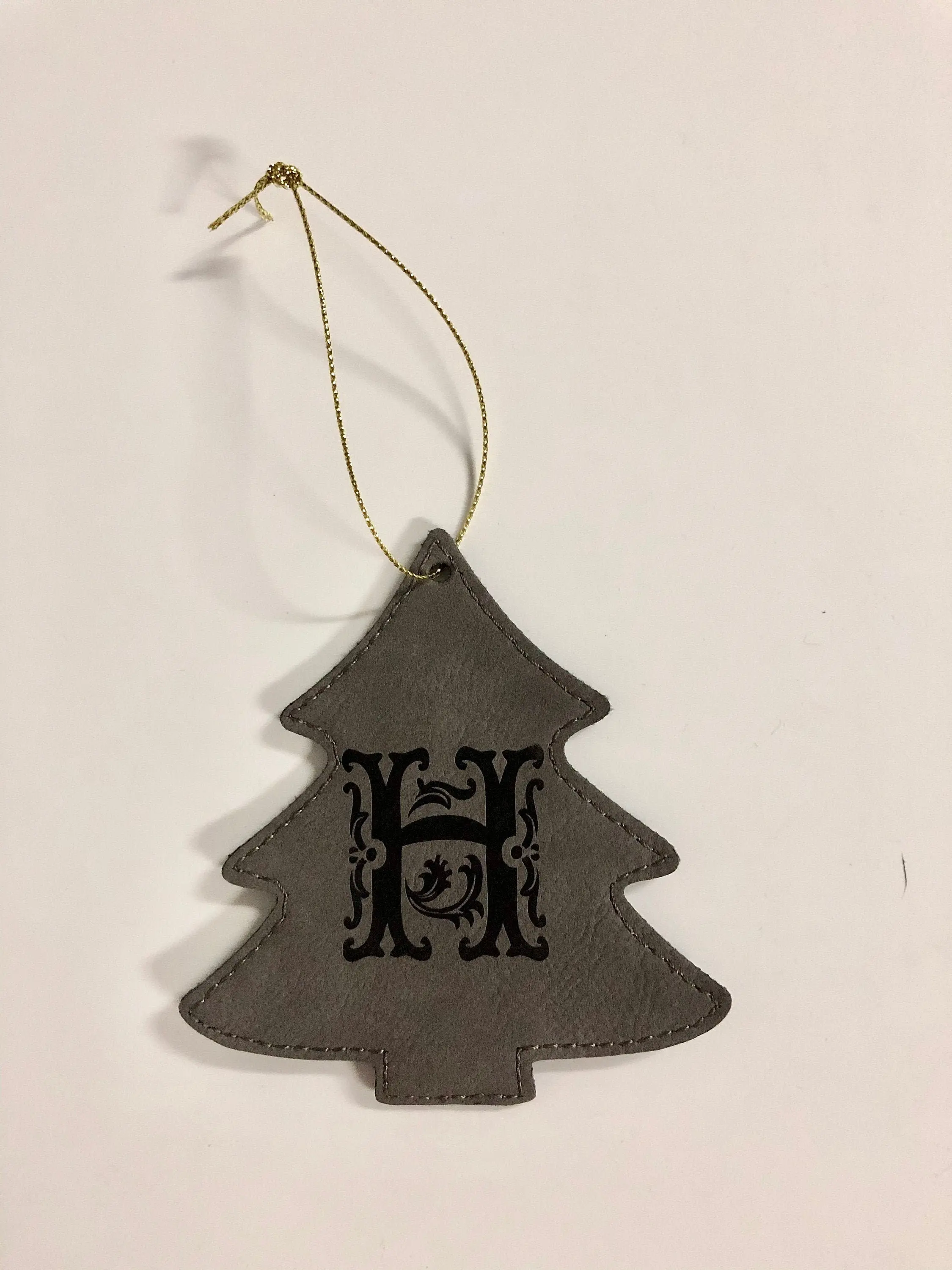 Gray Leather Christmas Tree Ornament with initial laser engraved