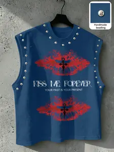 Men's Street Style Vest, Tribal Print, Metal Rivets, Breathable Knit Fabric, Soft and Durable, No Collar, Sleeveless, Fitted