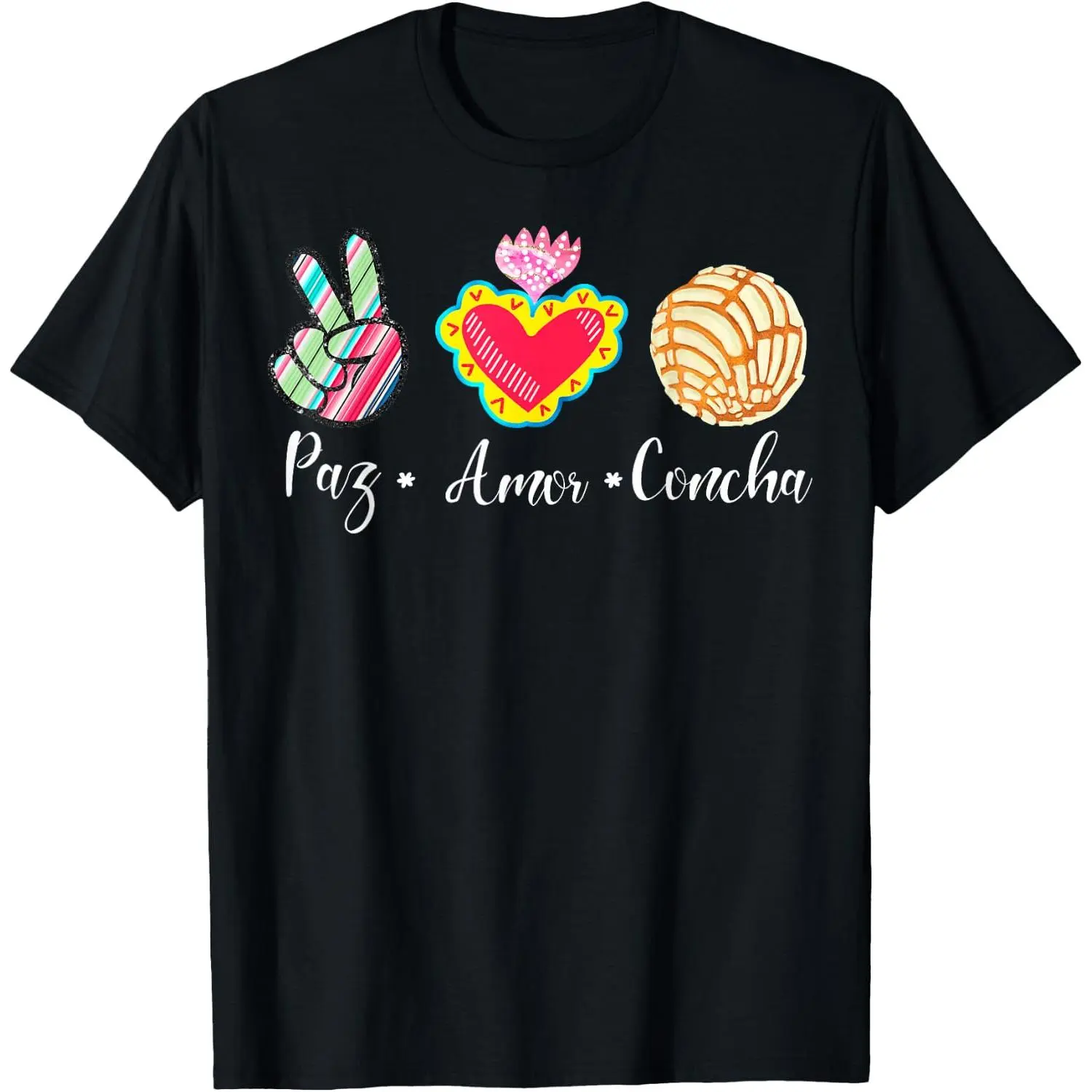 100%cotton Peace Love Conchas Pan Dulce Funny Mexican Spanish Saying T-Shirt