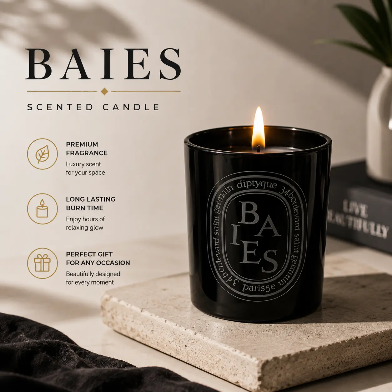 Diptyque Black Baies Floral Scented Candle 10.2 oz Luxury Black Glass, Elegant Flower Aroma, 75-Hour Burn, Perfect for Home Decoration