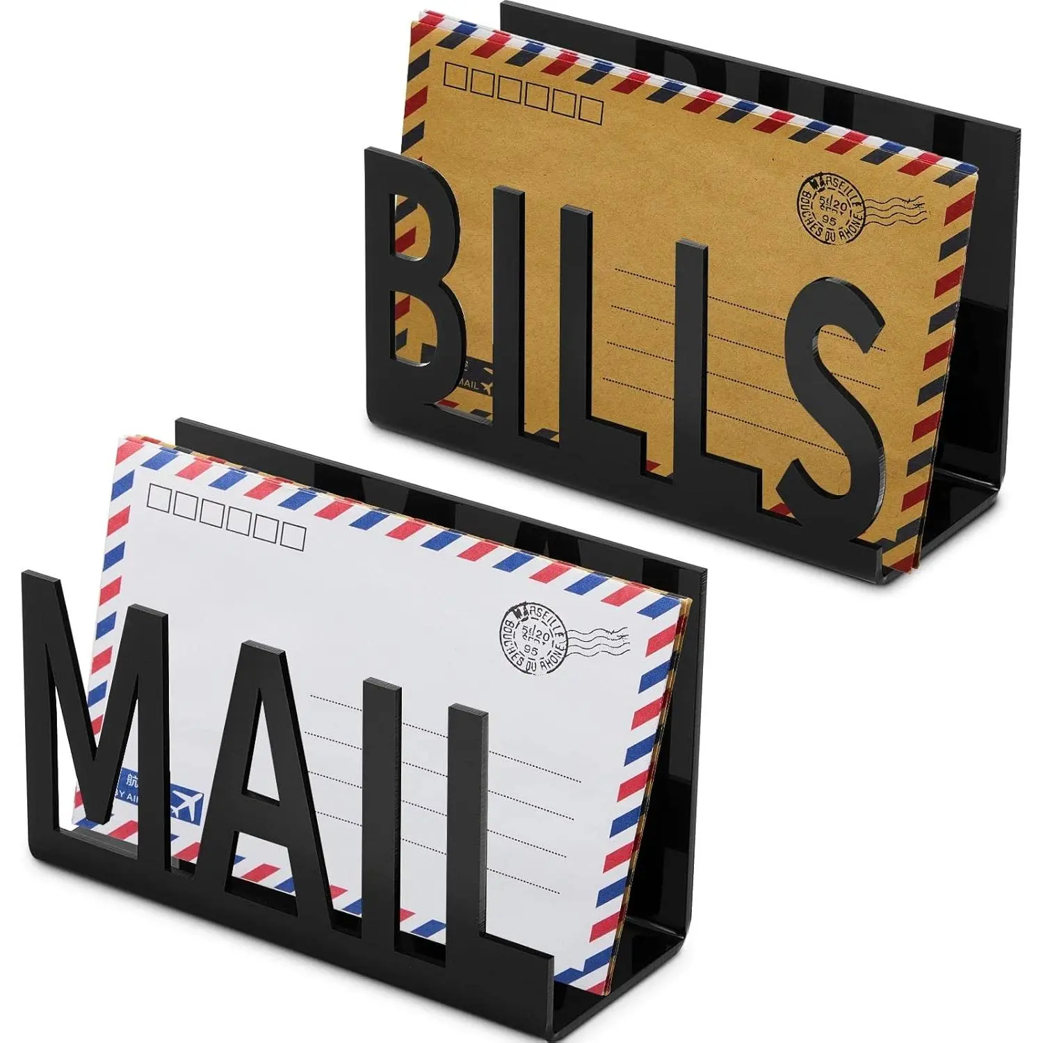 Set of 2 Vertical Mail Organizers for Adults, Desk Letter and Bill Holder that Sorts Mails and Envelopes, No Assembly Needed, Decorative, Desk Countertop Accessory, Hollow Decorative Sorter, Mail Bill Organizer