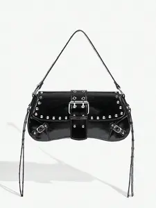 Niche design black shiny shoulder underarm bag, rivet metal buckle design shoulder baguette bag, Fashionable shoulder bag, fashion motorcycle style shoulder bag, suitable for daily commuting, shopping