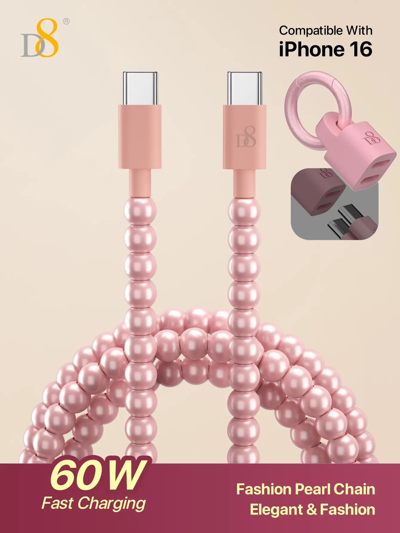 D8 USB-C to USB-C Pearl Beaded Cable, 60W PD Fast Charging and 480Mbps Data Transfer, 1m Pink Cord for USB-C Devices