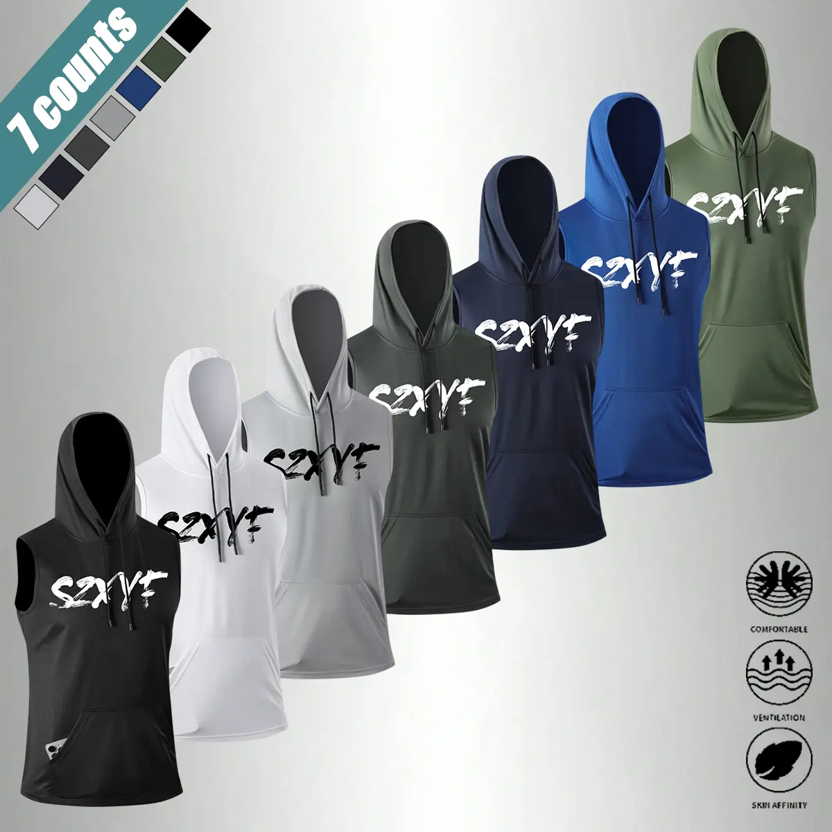 Men's 7-Piece Sleeveless Athletic Hooded Shirts, Solid Color Knitted Jersey, Immediate Drying & Breathable Vented Sports Singlet for Gym & Hiking, Breathable Vented Men's Sports Singlet