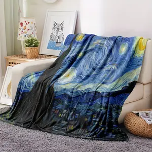 Flannel Art Blanket Van Gogh Starry Night, Home Decoration, Fashion Art For Bedroom, Living Room, Office, Travel