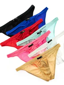 Men's High Elastic Nylon Ice Silk Low Waist Sexy Thong Underwear, Large Pocket Sports Quick Dry Comfortable Breathable