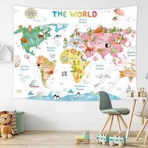 Kids Map Tapestry World Cartoon Animal Colorful Continents Learning Tools for Boys and Girls Home Dorm Decor Art Living Room Bedroom