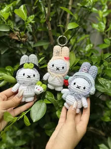 Crochet Handmade Bunny Crochet Keychain Set – Cute Amigurumi Bunny Bag Charm with Accessories, Gift for Her or Him