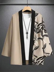 Men's Regular Fit Floral Print Open Front Long Sleeve Kimono, Casual Japanese Style Top for Daily Wear, Fashion Men's Clothes for All Seasons, Gamis