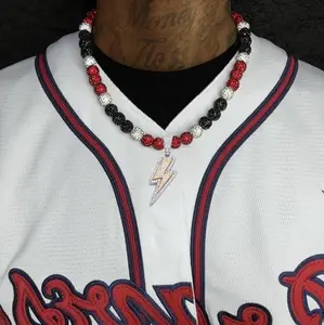 Iced Bling Disco Ball Rhinestone Pollyanna Crystal Bead Baseball Softball Necklace Red, White, Black + Lightning Pendant