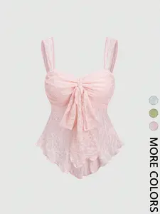 Romantic Lace Camisole Top for Women, Thin Straps, Butterfly Knot Front, Ruched Bust, Summer Fashion, Slim-Fitting, Plain Pattern