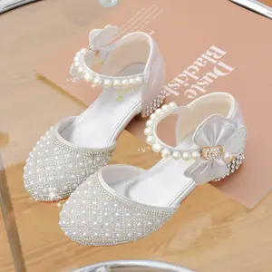 Labubu Girls' Round Toe Sweet Pearl & Crystal Embellished Princess Bow Dress Pumps, Non-Slip Low Top Faux Cover Shoes for Spring Performances & Pageants DB50789