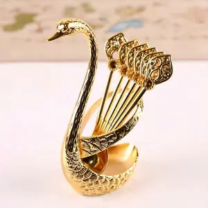 Swan Coffee Spoons Set, 6 Pcs Food Grade 304 Stainless Steel Stirring Spoons with 1 Swan Base Holder, Rust Proof Decorative Dessert Tea Spoons, Dishwasher Safe Cutlery for Home Cafe Bar Wedding Party Daily Use