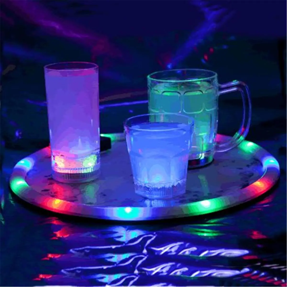 212 MAIN LED Round Circle Serving Tray - 14 in Diameter, Easy to Carry, Lightweight, Multi-Color, Spill-Proof with Rubber Liner, Festive Party & Home Tableware with LED Lights